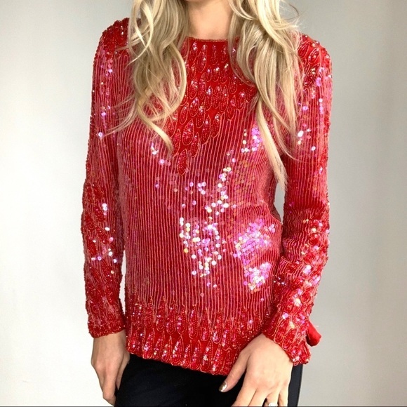 Vintage Red Sequin & Beaded Long Sleeve Top Small - Picture 4 of 8